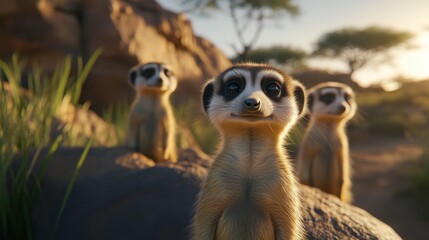 Fototapeta premium Alert Meerkats Near Rocky Outcrop in Soft Lighting