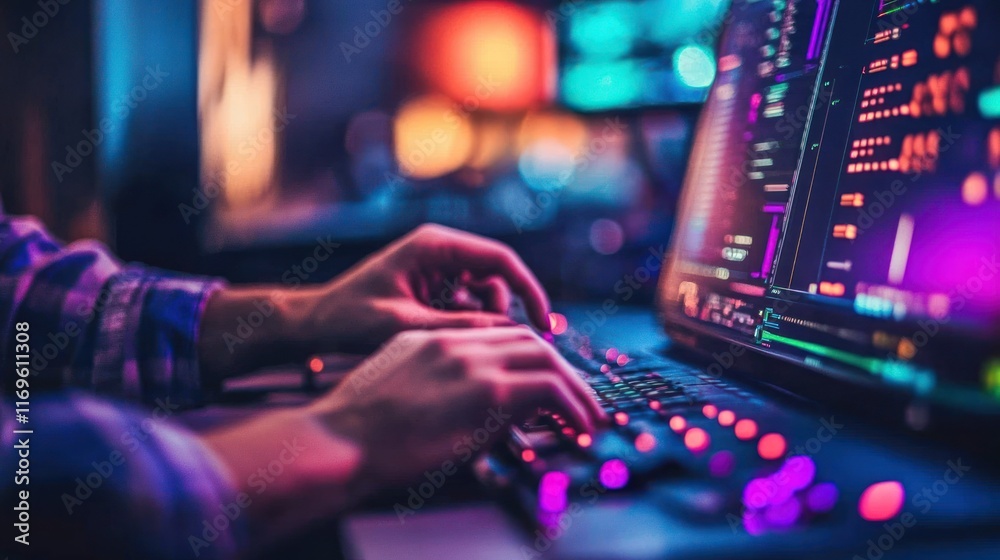 Poster Hands typing code on a glowing computer keyboard