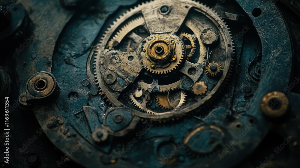 Poster dusty gears of an old mechanical clockwork