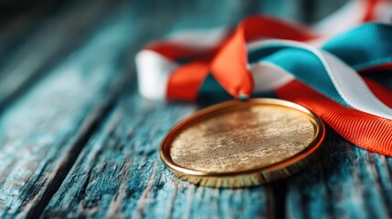 A close-up shot of a gold medal lying on a textured wooden surface, adorned with red and blue ribbons, symbolizing achievement and victory in competitions.