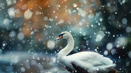 Fototapeta premium A white swan perched on water during rain, its head angled
