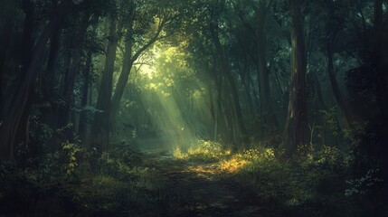 Obraz premium Sunlit Path Through A Deep Dark Forest