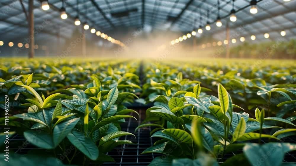 Poster rows of vibrant green plants flourish in a spacious greenhouse, illuminated by warm artificial light