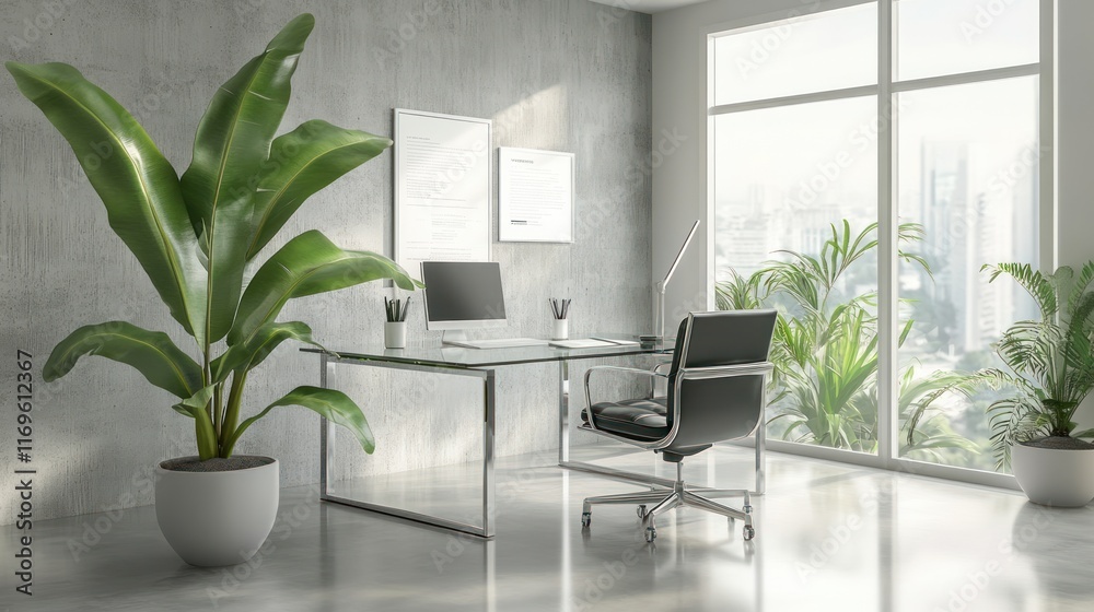 Poster modern minimalist office workspace with plants and large window