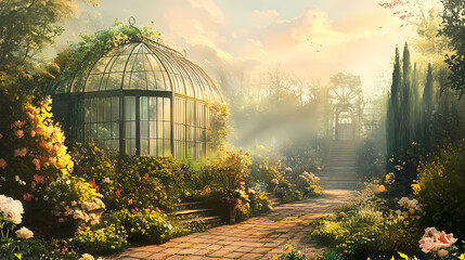 Fototapeta premium Dawns serene embrace: victorian greenhouse and verdant garden. Wroughtiron. Illustration