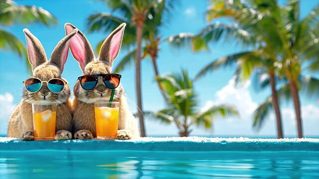 Easter bunnies by poolside, wearing sunglasses and enjoying drinks under palm trees. Easter animation. Easter holidays, vacation, tropical Easter, summer theme, holiday leisure.