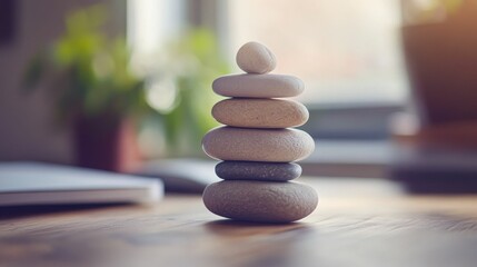 Balanced stones atop wooden surface, blurred background.