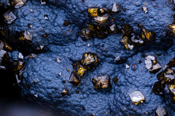 Black and yellow crystals of Corkite on oxide. Specimen from Serra da Mina Mine, Cercal, Portugal....