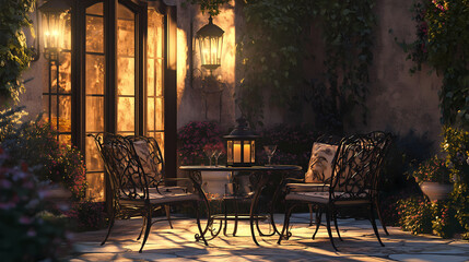 Elegant patio with wrought iron furniture and lanterns. Wroughtiron. Illustration