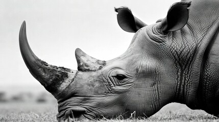 Fototapeta premium Rhino grazes in grass, head turned to side in black and white photo