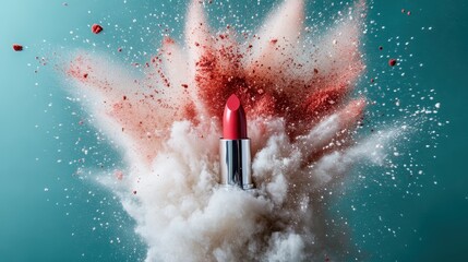 A striking image of a bold red lipstick surrounded by a vibrant explosion of colored dust, evoking feelings of glamour and artistic expression in beauty.