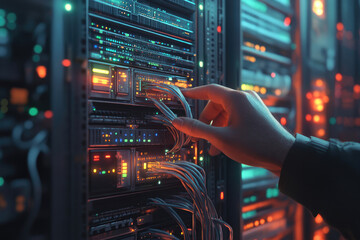 A hand connects network cables to a server rack in a data center, showcasing modern technology infrastructure.