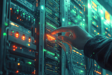 A hand connects cables to a server rack in a data center, showcasing vibrant teal and orange lighting.