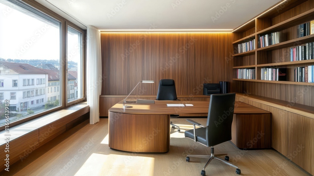 Poster modern wooden office with large window and built in bookshelves