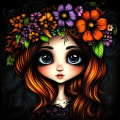 A whimsical portrait of a girl adorned with a vibrant floral crown.