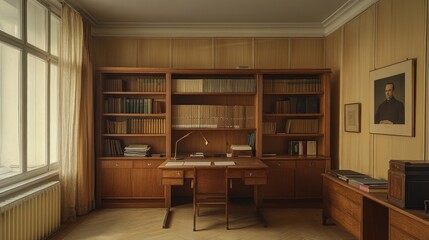 Classic Wooden Study Room With Books And Desk
