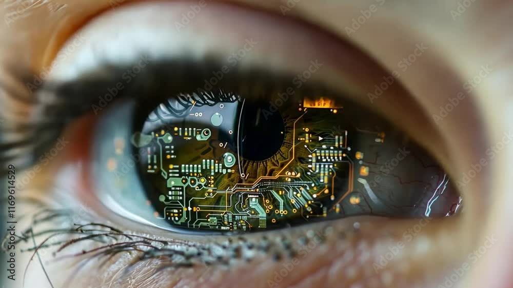 Leinwandbilder a close-up of a human eye showcases intricate circuit patterns within the iris, symbolizing the fusi
