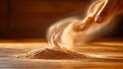 Fingertip releasing light brown sand forming a small pile on wooden surface.