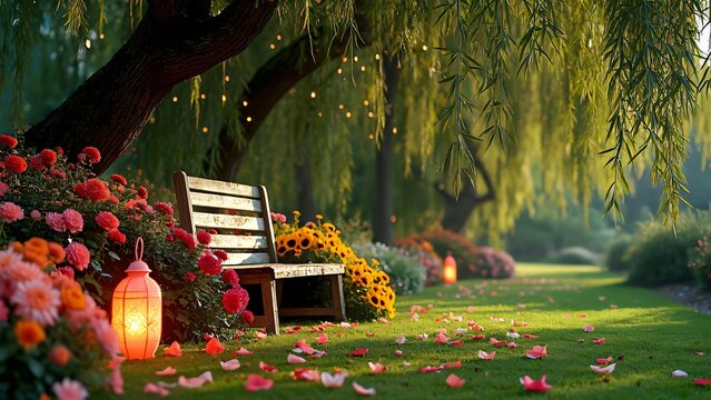 Serene Garden Bench Under Willow Tree with Flowers and Lights