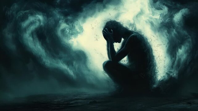 Woman suffering from severe depression. Psychology, anxiety, solitude, fear or mental health problems concept. 