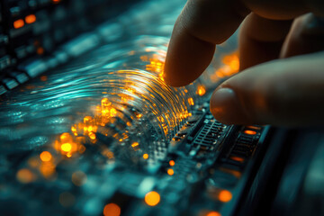 A finger interacts with a glowing circuit board, representing advanced technology and digital innovation.