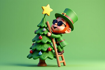 A cheerful leprechaun climbs a ladder to decorate a festive tree with a glowing star on top. The tree sparkles with colorful ornaments against a bright green background. 3D illustration, St.Patrick's 