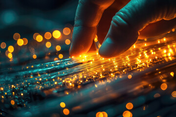 A hand gently touches glowing fiber optic cables, symbolizing connection and technological advancement.