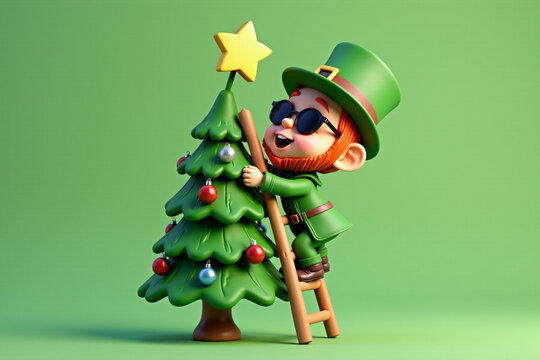 A cheerful leprechaun climbs a ladder to decorate a festive tree with a glowing star on top. The tree sparkles with colorful ornaments against a bright green background. 3D illustration, St.Patrick's 