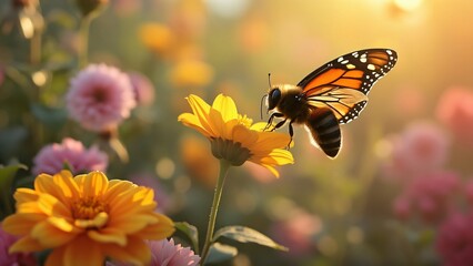 Obraz premium Stunning Bee and Butterfly on Yellow Flower in Golden Sunlight Garden