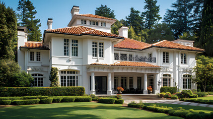 Fototapeta premium A large, white, mediterranean-style mansion with a tiled roof and manicured landscaping. Wroughtiron. Illustration