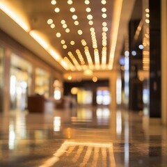 Blurred interior of a luxurious hallway with warm lighting and shiny floor.