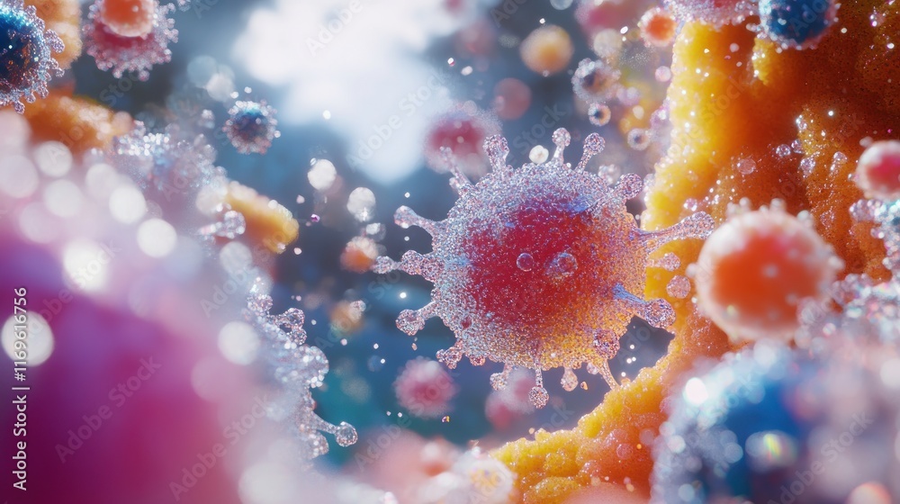 Poster microscopic view of vivid colorful virus particles