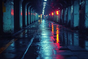 Fototapeta premium A Dimly Lit Urban Passageway with Reflective Wet Pavement Illuminated by Soft Neon Lights Creating a Moody and Atmospheric Urban Scene