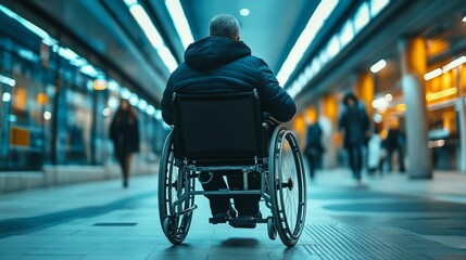 Obraz premium Person wheelchair indoor transit blurred background.