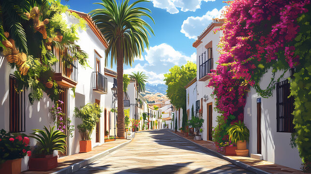 Fototapeta A sunny street lined with palm trees and bougainvillea in a spanish town. Wroughtiron. Illustration