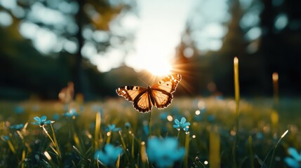 A stunning butterfly hovers gracefully over a bed of vibrant flowers, illuminated by the soft golden light of a sunrise, showcasing nature's beauty and tranquility.