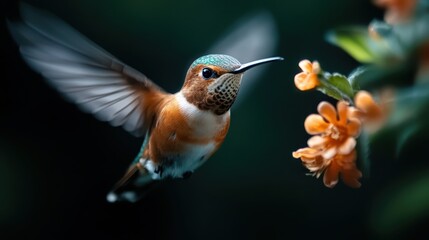 Fototapeta premium A vibrant hummingbird hovers near colorful flowers, surrounded by lush green leaves, capturing the essence of nature's beauty and the intricate relationships within ecosystems.