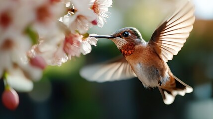 Fototapeta premium The image showcases a beautiful hummingbird hovering gracefully among cherry blossoms while it feeds on nectar, epitomizing the delicate interaction of nature.