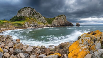 Obraz premium A rocky coastline with waves crashing against the cliffs under a stormy sky