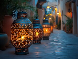 Lit lanterns line a dimly lit alleyway. - Powered by Adobe