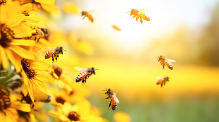 Bees pollinating vibrant sunflowers in a sunlit meadow