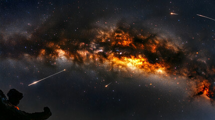 Obraz premium Silhouetted astronaut gazing at a vibrant Milky Way galaxy with shooting stars.