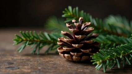 Fototapeta premium Christmas and New year background with A pine cone is sitting on a wooden surface next to a green leaf. The pine cone is brown and has a cone shape. The leaf is green and has a pointed tip. The scene 