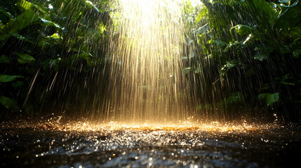 Obraz premium Sunlight streams through rainforest during heavy rainfall, illuminating the forest floor.