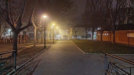 Paseo nocturno con niebla en un parque de Burgos, España