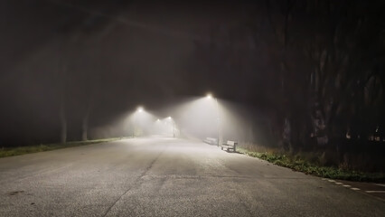 Paseo nocturno con niebla en un parque de Burgos, España