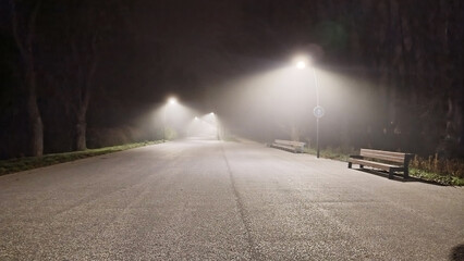 Paseo nocturno con niebla en un parque de Burgos, España