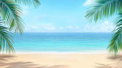 Serene tropical beach with blue ocean and palm leaves under clear sky