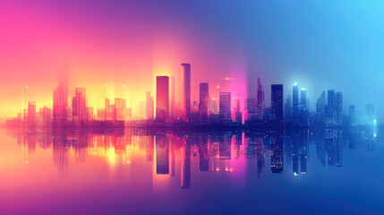 Fototapeta premium Vibrant urban skyline at sunset with reflective city lights