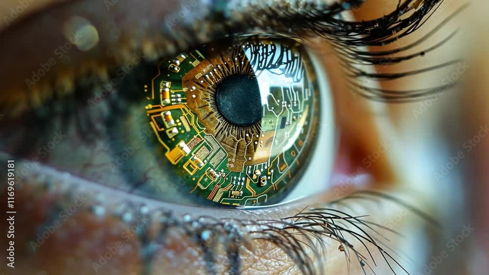 Leinwandbilder a stunning, detailed close-up reveals an eye intricately merged with circuit patterns, showcasing ad